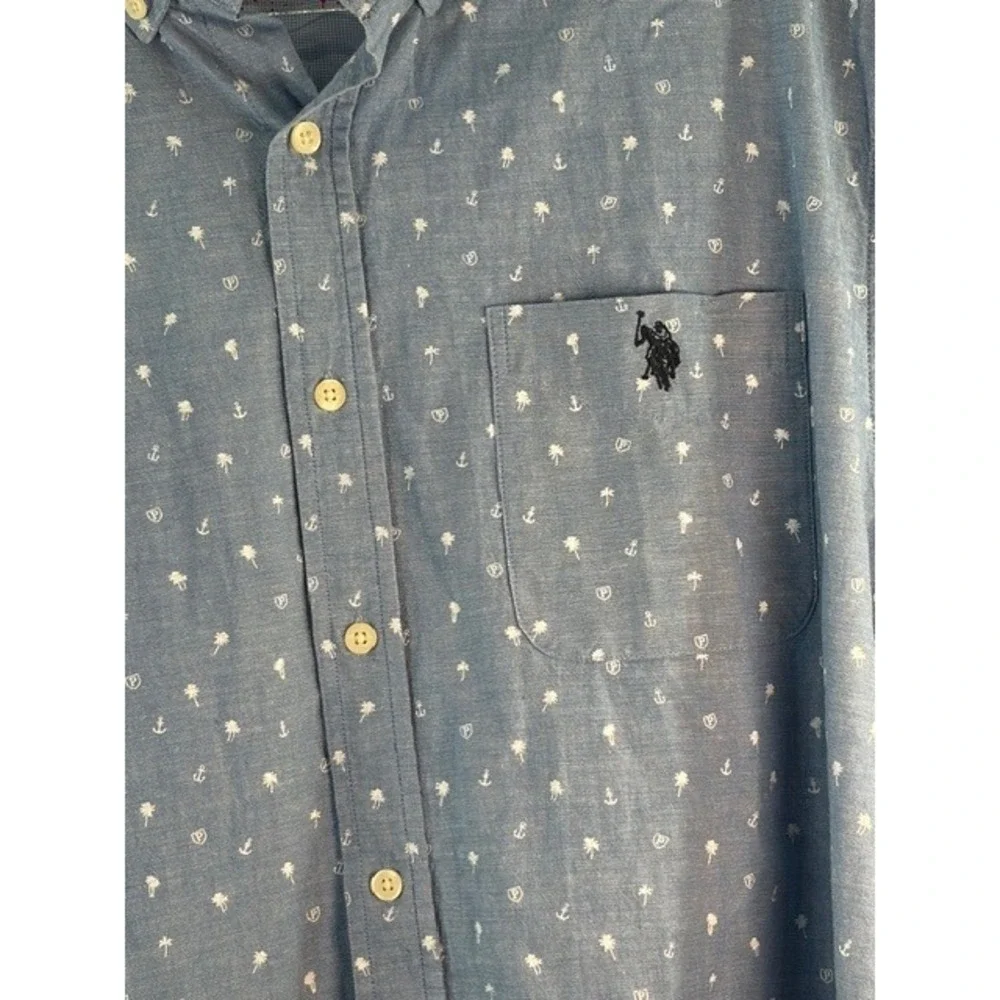 U.S. Polo Assn. Mens 2XL Light Blue Palm Tree Anchor Tropical Summer Woven Shirt